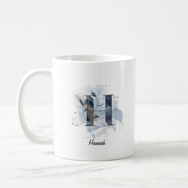 Mug Aquarelle bleue Nom personnalisé Lettre initiale H (Gauche)