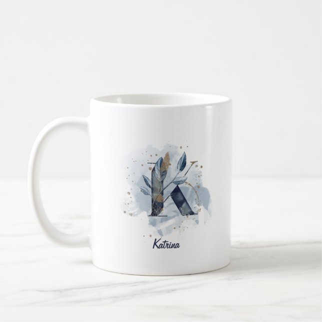 Mug Aquarelle bleue Nom personnalisé Lettre initiale K (Gauche)