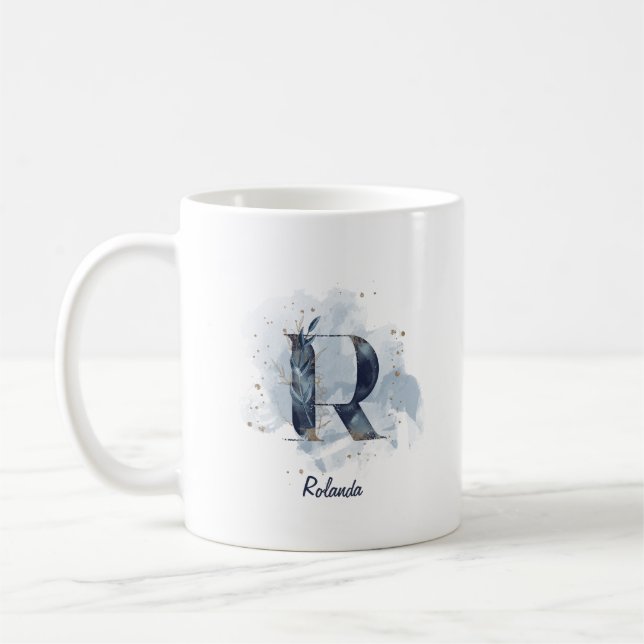 Mug Aquarelle bleue Nom personnalisé Lettre initiale R (Gauche)