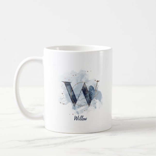 Mug Aquarelle bleue Nom personnalisé Lettre initiale W (Gauche)