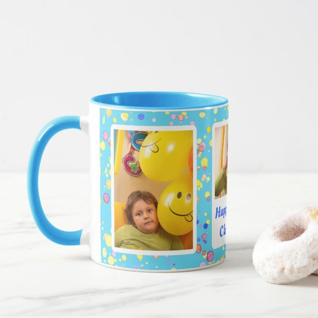 Mug Aquarelle bleue personnalisable Photos personnelle (Avec donut)