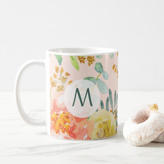 Mug Aquarelle Blush Floral Gold Parties scintillant Mo (Avec donut)