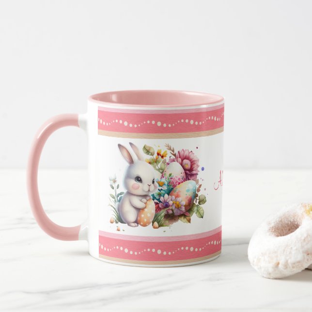 Mug Aquarelle Bordure striée du lapin de Pâques (Avec donut)