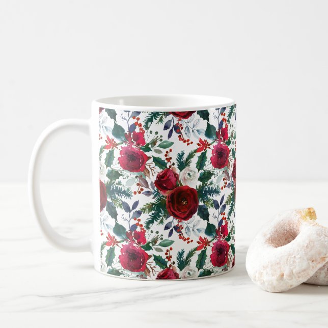 Mug Aquarelle Bourgogne Fleurs d'hiver Noël (Avec donut)