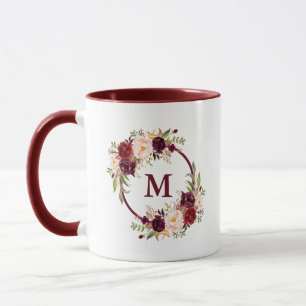 Mug Aquarelle Bourgogne Floral Élégant Monogramme