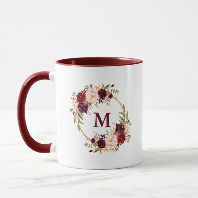 Mug Aquarelle Bourgogne Floral Gold Circle Monogramme  (Gauche)