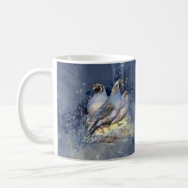 Mug Aquarelle California Quail Bird en bleu (Gauche)