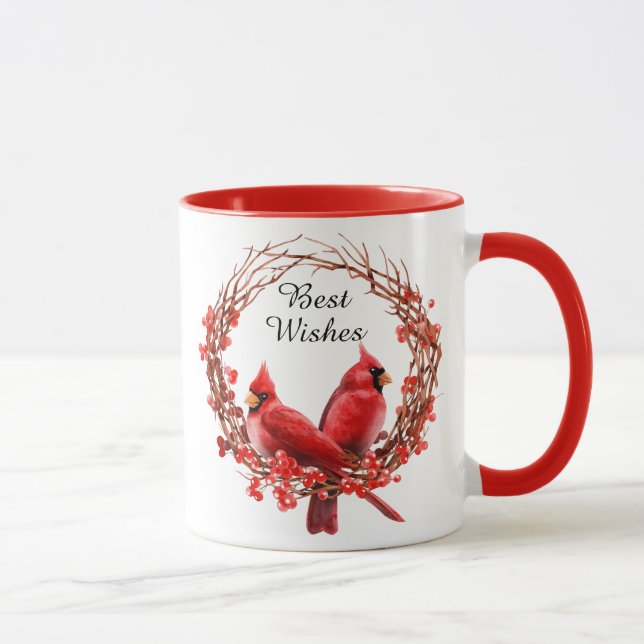 Mug Aquarelle Cardinaux rouges Berries Wreath Coffee M (Droite)