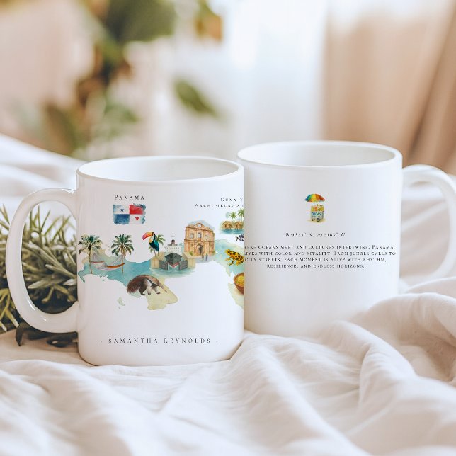 Mug Aquarelle Carte illustrée Panama | Monogramme (Créateur téléchargé)