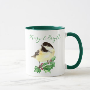 Mug Aquarelle Chickadee Oiseau Joyeux et Noël brillant