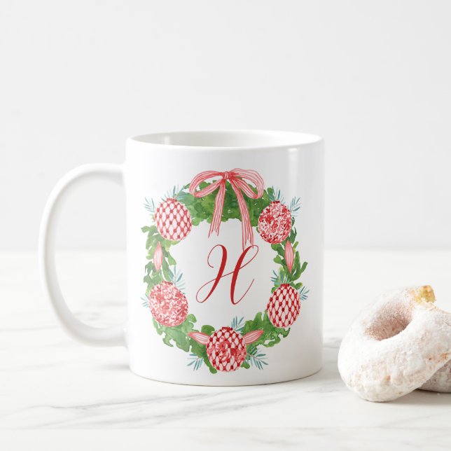 Mug Aquarelle Chinoiserie Wreath Noël Monogramme (Avec donut)