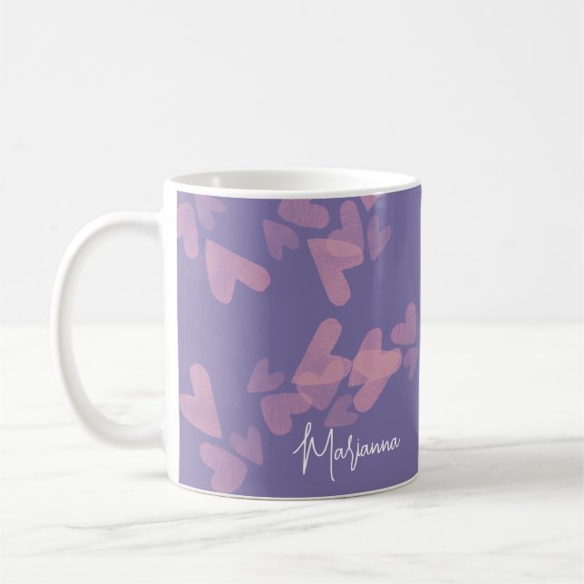 Mug Aquarelle Coeur timbres rose Nom du script pourpre (Gauche)
