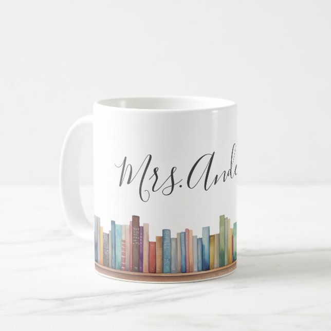 Mug Aquarelle colorée Livres Nom de l'enseignant (Devant gauche)