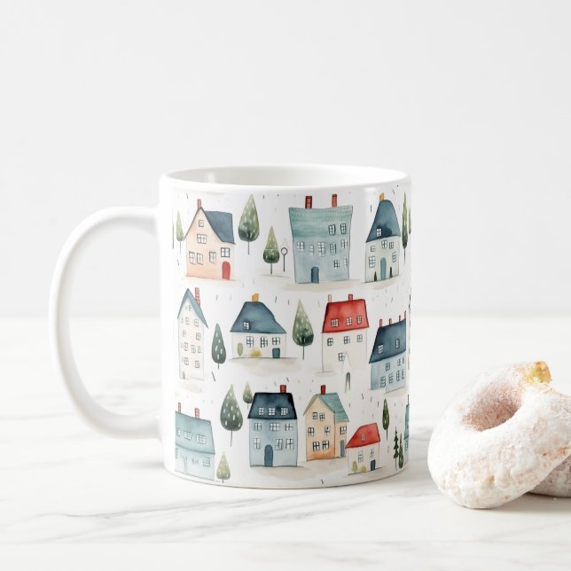 Mug Aquarelle colorée Maisons Ménage (Avec donut)