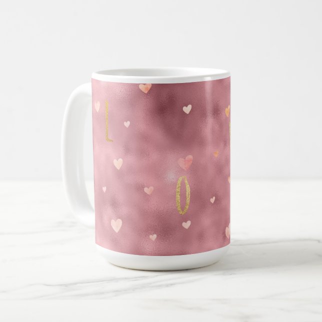 Mug Aquarelle couleur or rose Coeurs amoureux (Devant gauche)