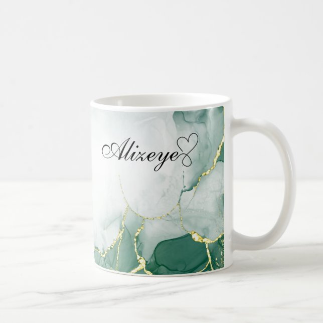 Mug Aquarelle couleur or vert émeraude personnalisée (Droite)