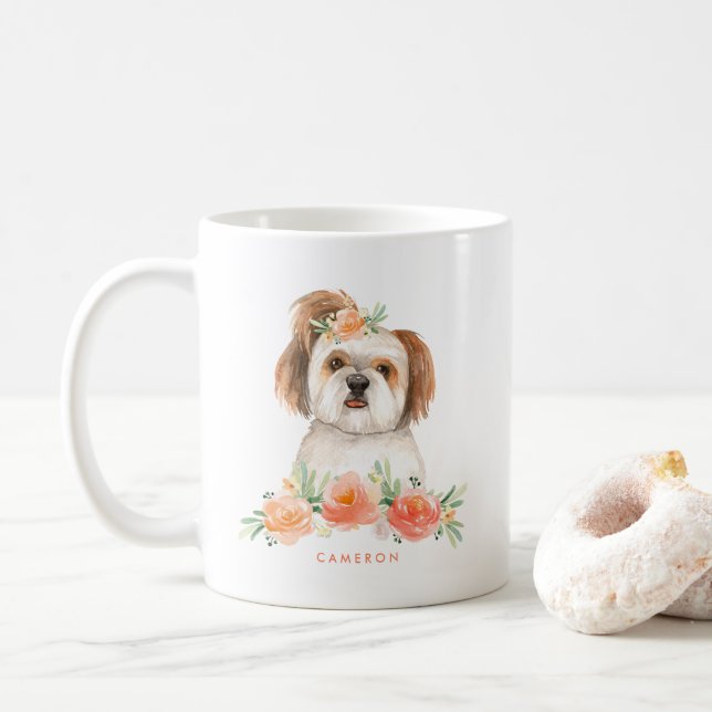 Mug Aquarelle Cute Shih Tzu Peach Floral Personnalisé (Avec donut)