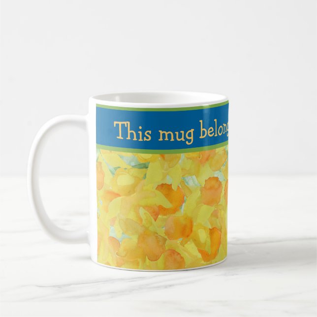 Mug Aquarelle Daffodique doré avec Bande Bleue (Gauche)