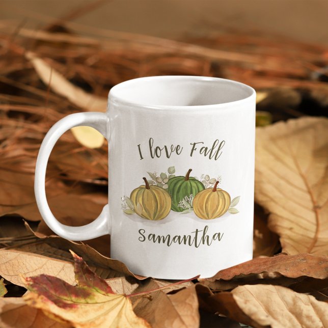 Mug Aquarelle d'automne I Love Fall Personnalisée (Fall autumn pumpkin gourds personalized throw pillow. )