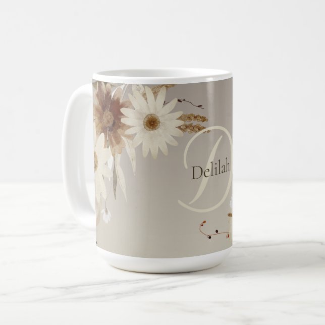 Mug Aquarelle d'automne Monogramme floral Personnalisé (Devant gauche)