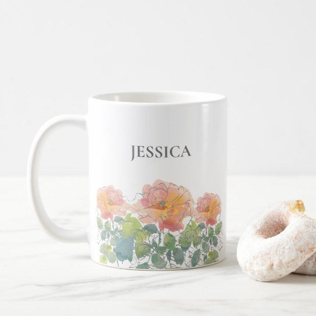 Mug Aquarelle de corail Floral Vert Feuilles Prénom (Avec donut)