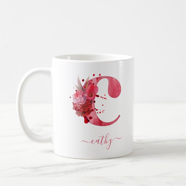 Mug Aquarelle de corail moderne Floral rose Monogramme (Gauche)