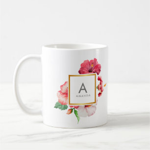 Mug Aquarelle de fille Monogramme de fleurs d'hibiscus