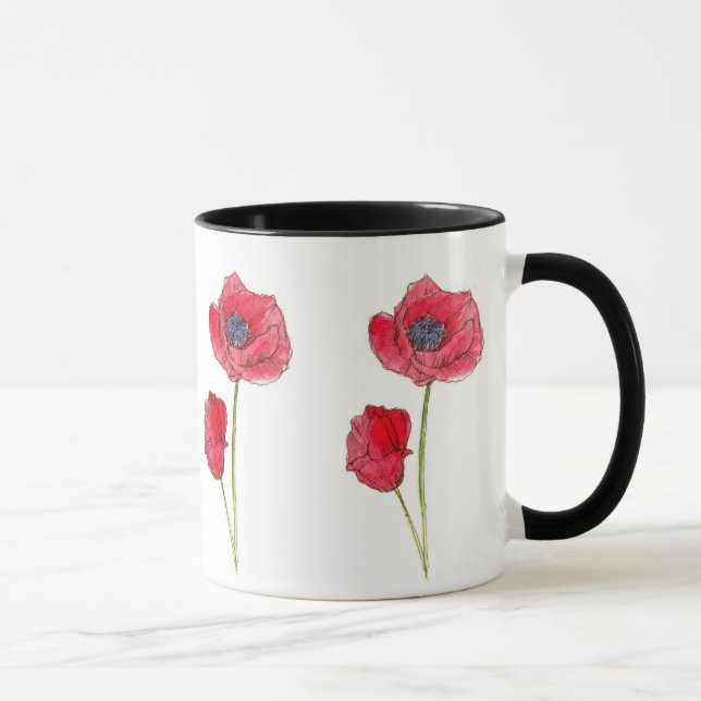 Mug Aquarelle de fleurs rouges de pavot Art botanique (Droite)