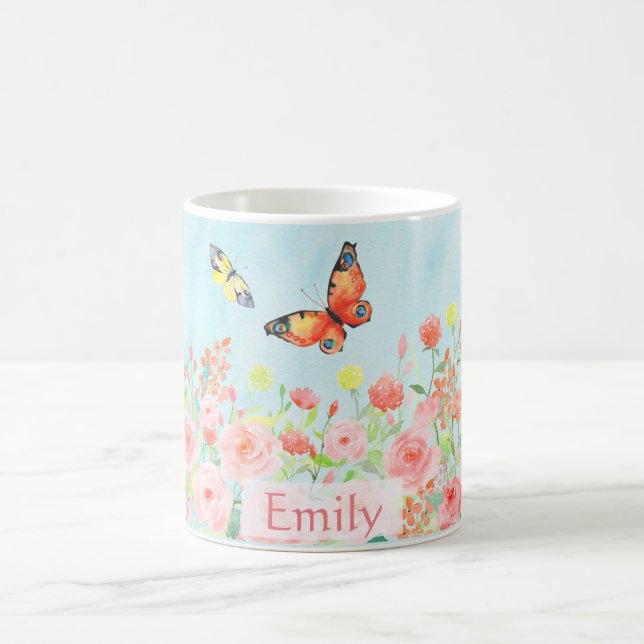 Mug aquarelle de papillons de roses de ressort (Centre)