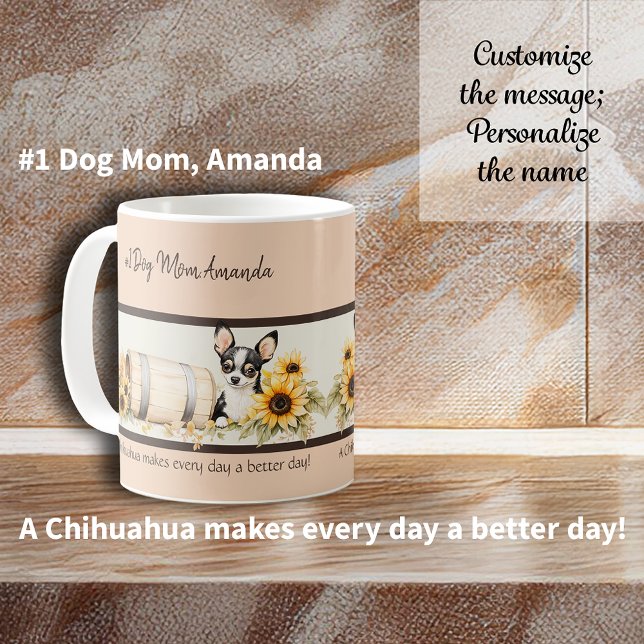 Mug Aquarelle de tournesol de Chihuahua à trois couleu (Tri-color Chihuahua Sunflower Watercolor Floral Coffee Mug. Personalize this custom mug.)