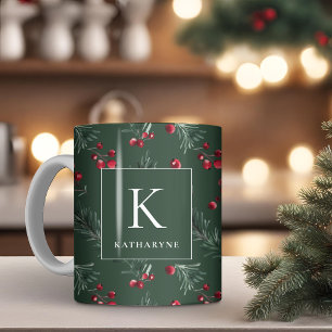 Mug Aquarelle d'hiver vert foncé Monogramme botanique