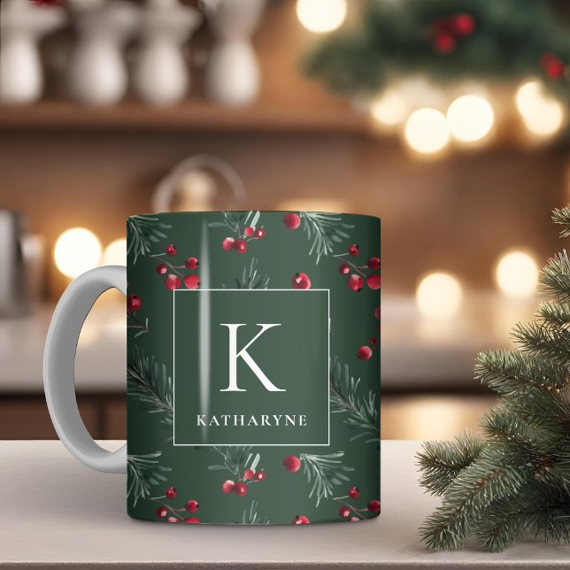 Mug Aquarelle d'hiver vert foncé Monogramme botanique (Dark Green Winter Watercolor Botanical Monogram Coffee Mug)