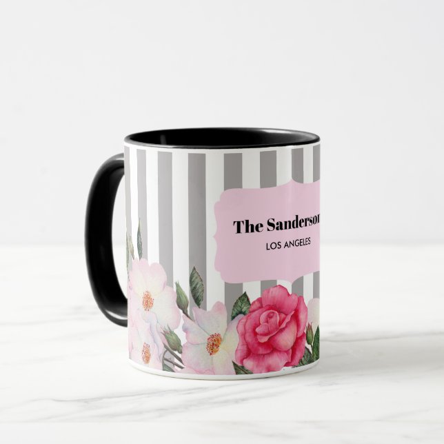 Mug Aquarelle Doux Rose Blanc Roses Gris Gris (Devant gauche)