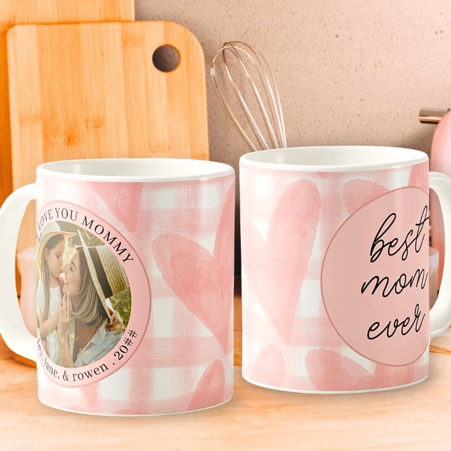 Mug Aquarelle En vichy Coeurs Fête des Mères Photo (Créateur téléchargé)