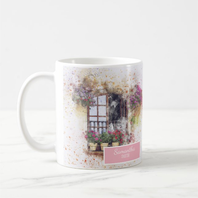 Mug Aquarelle Fenêtre Jardin Fleurs colorées Personnal (Gauche)