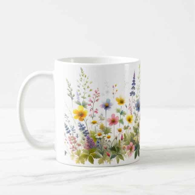 Mug Aquarelle Fleur sauvage bleu jaune Fleur (Gauche)