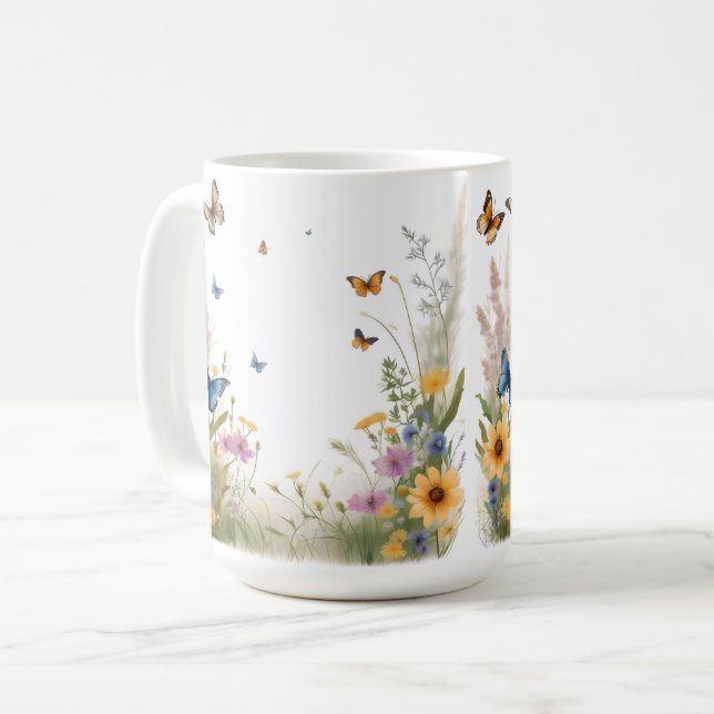Mug Aquarelle Fleur sauvage Gris Et Papillons, (Devant gauche)