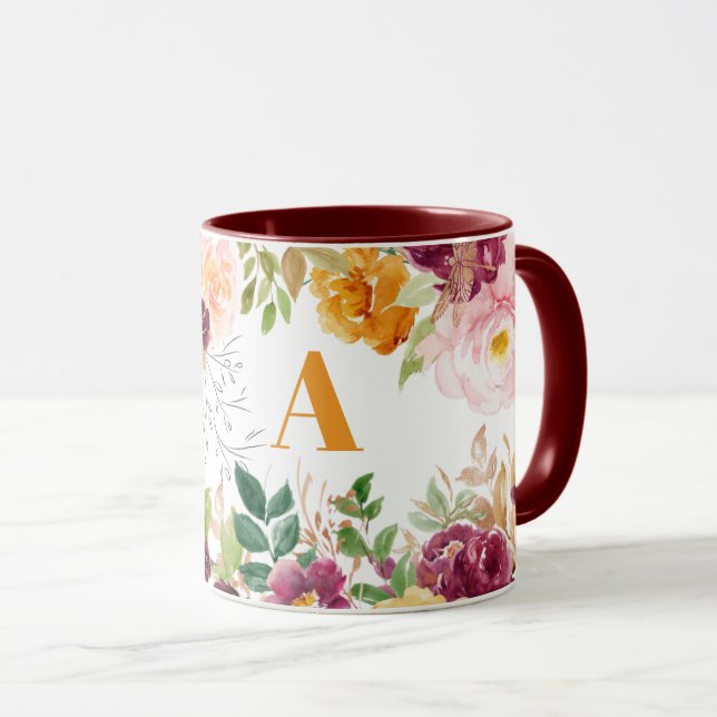 Mug Aquarelle fleurie classe élégant orange monogramme (Devant droit)