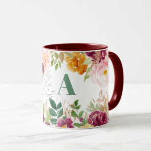 Mug Aquarelle fleurie classe élégant vert monogramme