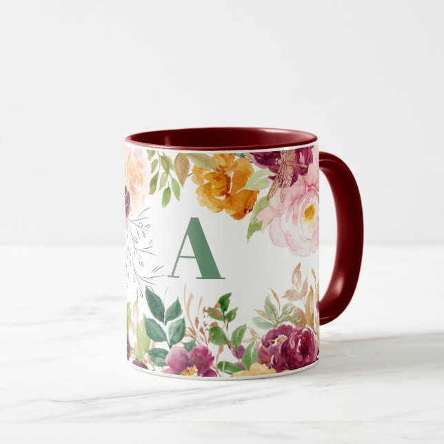 Mug Aquarelle fleurie classe élégant vert monogramme (Devant droit)
