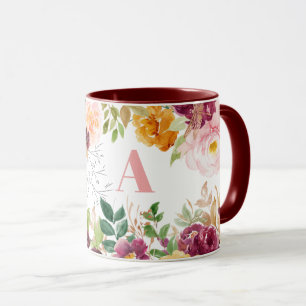 Mug Aquarelle fleurie classe élégant vert monogramme