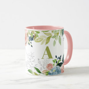 Mug Aquarelle fleurie classe élégant vert monogrammed