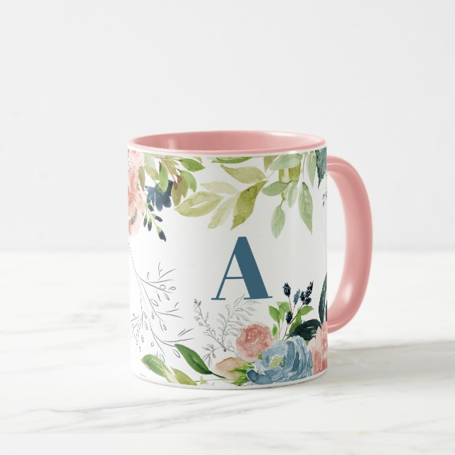 Mug Aquarelle fleurie classe élégante marine monogramm (Devant droit)