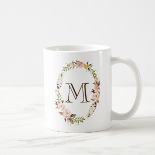 Mug Aquarelle Fleurs et plumes Boho Wreath Monogramme