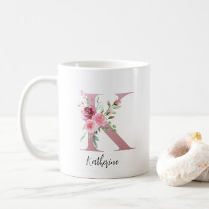 Mug Aquarelle Fleurs Monogramme Rose K Nom personnalis