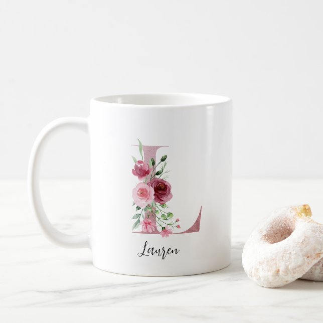 Mug Aquarelle Fleurs Monogramme Rose L Nom personnalis (Avec donut)