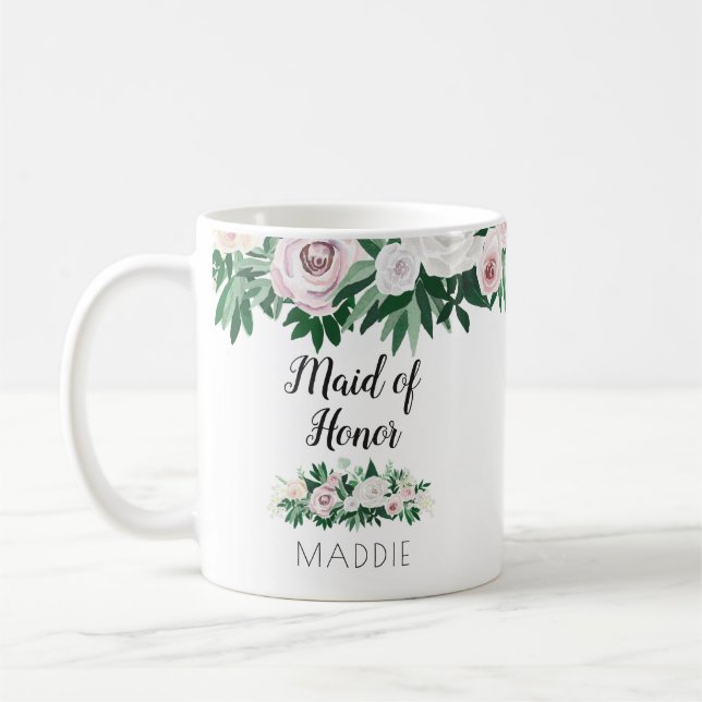 Mug Aquarelle Floral Blanc Vert Maid of Honor Favor (Gauche)