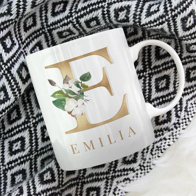 Mug Aquarelle Floral & Lettre Or E Monogramme (Créateur téléchargé)