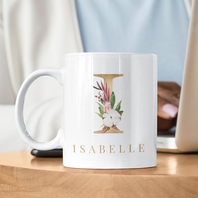 Mug Aquarelle Floral & Lettre Or I Monogramme (Créateur téléchargé)