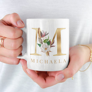 Mug Aquarelle Floral & Lettre Or M Monogramme